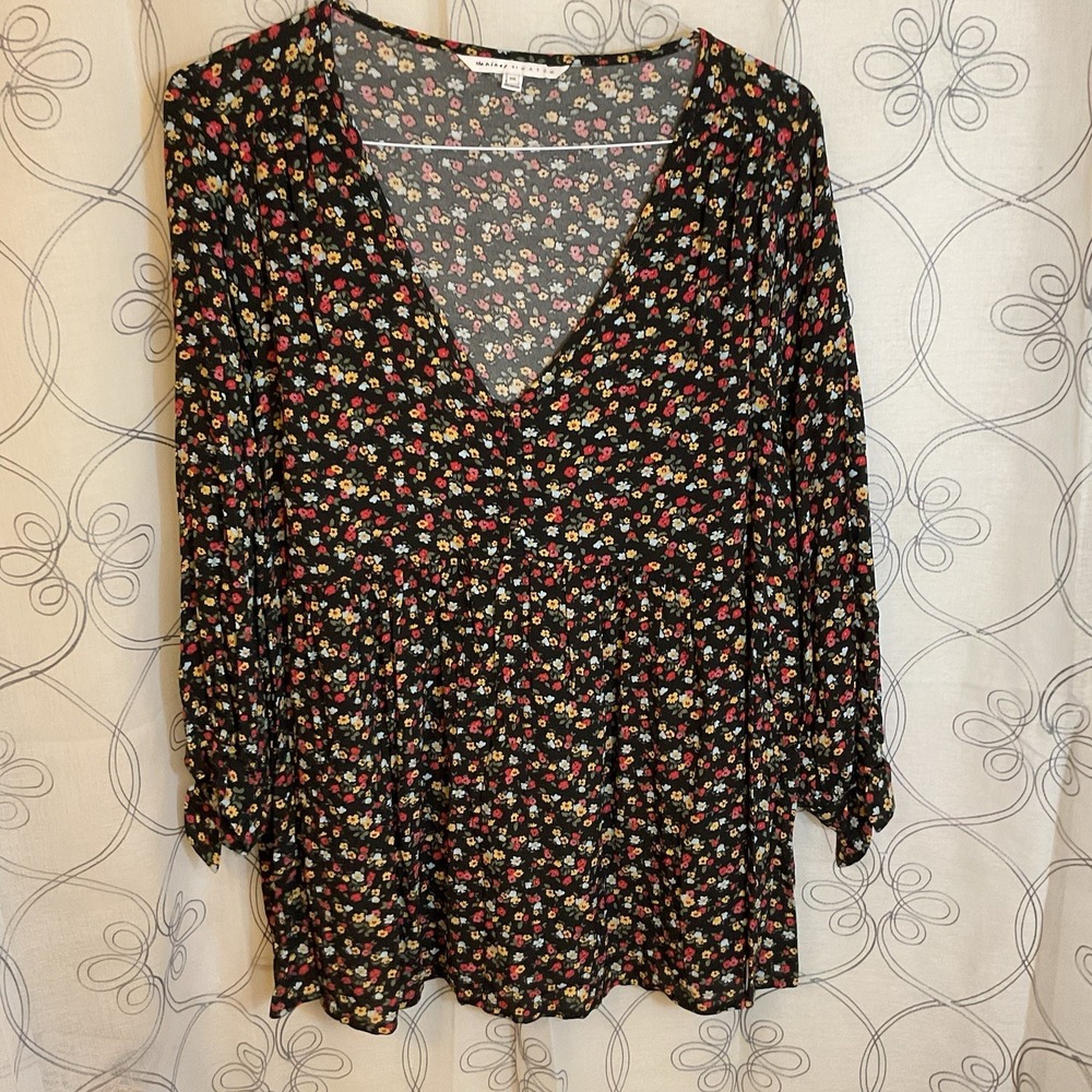 The‎ Nines by Hatch Women's Black Floral Long Sleeve Babydoll Tunic Top Size XXL